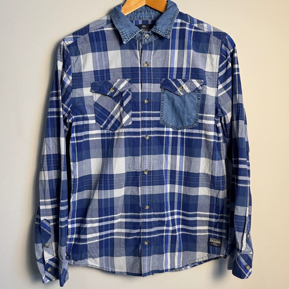 Buffalo David Bitton Boys XL Plaid Long Sleeve Button‎ Up Shirt Blue Pockets Y2K